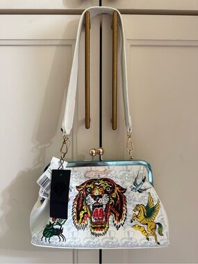 Ed Hardy Rhinestone Tiger Kiss Lock Shoulder Bag Purse and Keychain